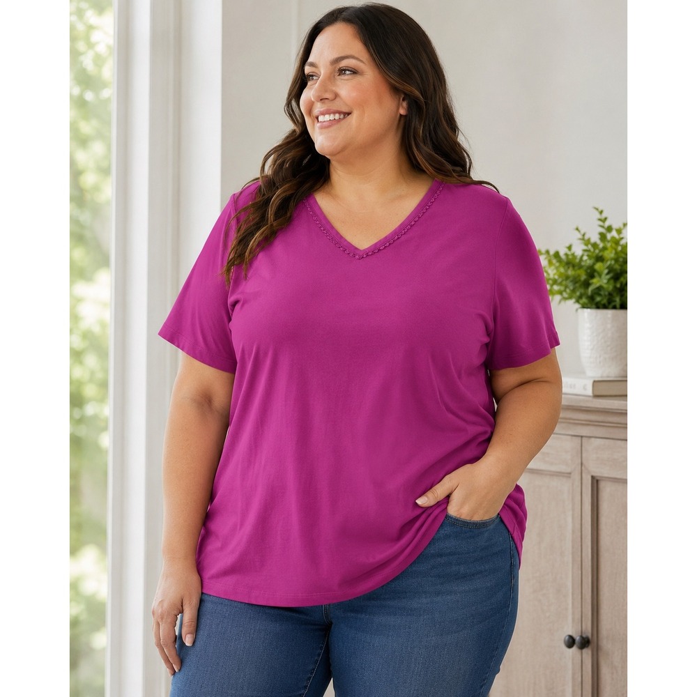 Catherines Suprema Collection Magenta Purple Lace Trim V-Neck Tee Plus Size 2X